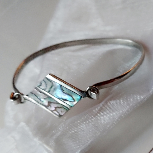 Mexico Silver Abalone Thin Bracelet Inlaid Abalone + Gift Bag - Picture 1 of 4